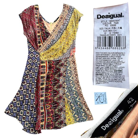 Desigual Dresses & Skirts - Desigual. Clanzie Boho Mixed Pattern Faux Wrap Dress Sz 42